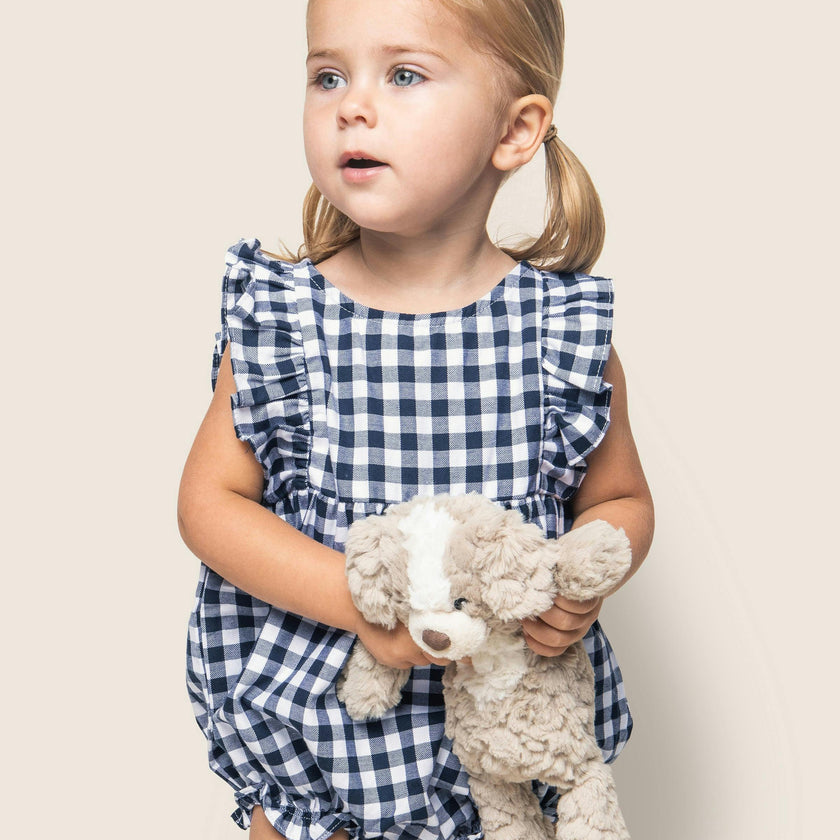 Baby's Twill Ruffled Romper in Navy Gingham