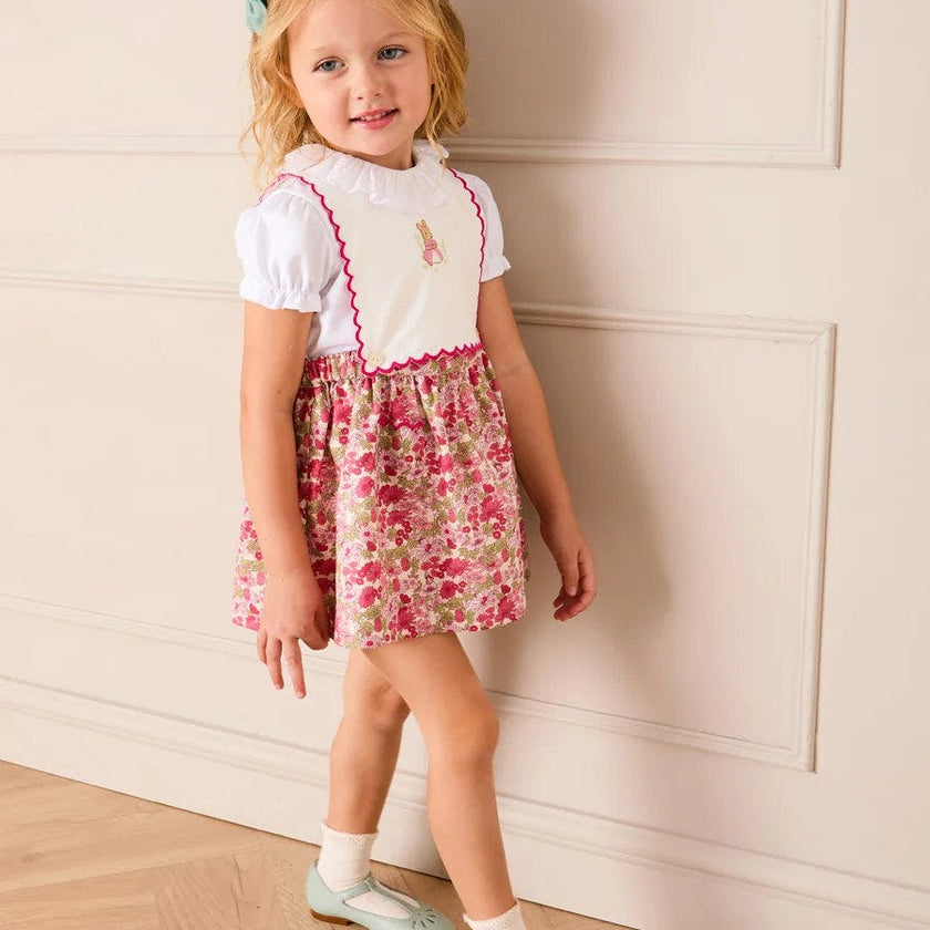 Margret Floral Bunny Embroidered Scallop Detail Pinafore Skirt in Pink (18mths-6yrs)