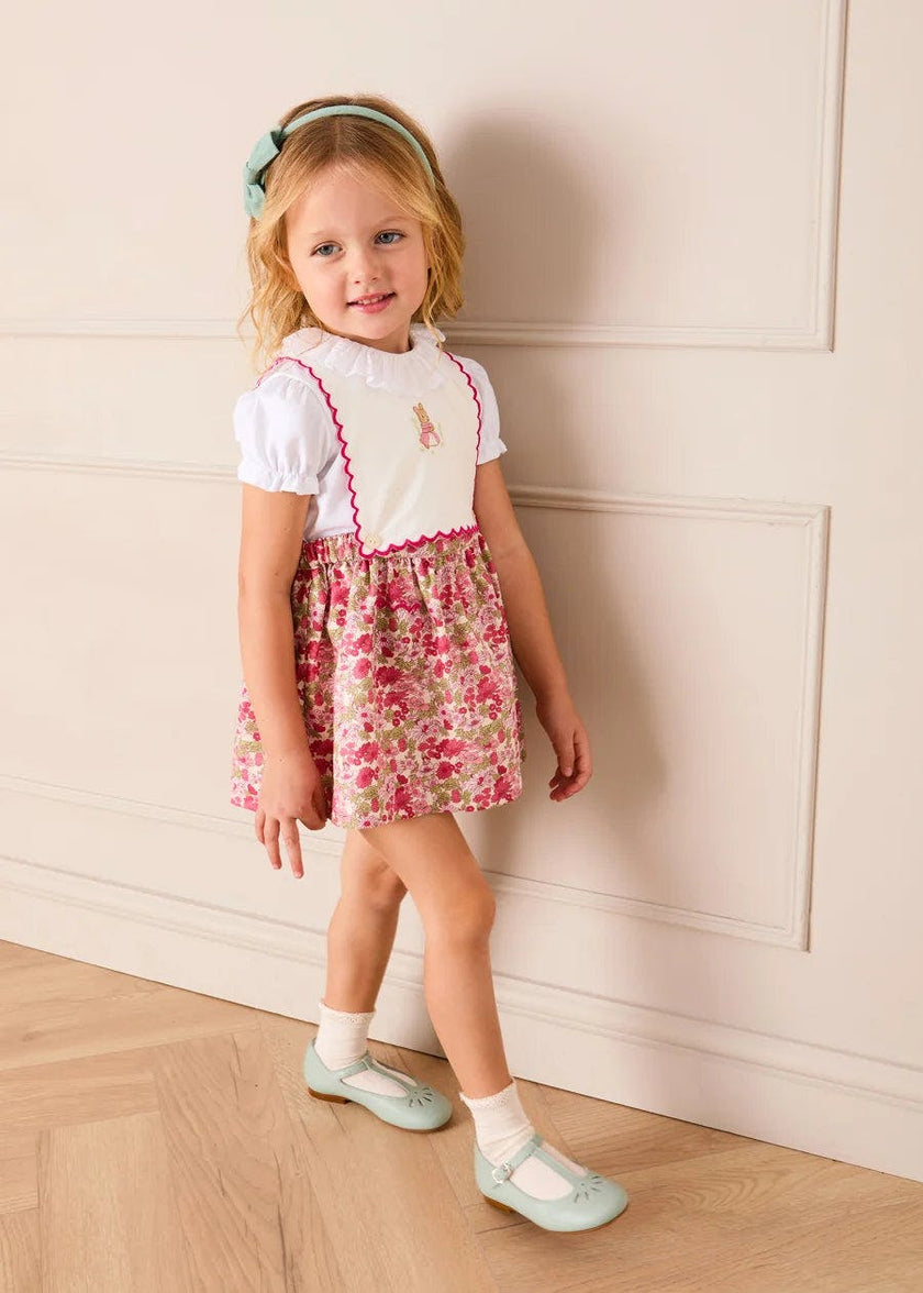Margret Floral Bunny Embroidered Scallop Detail Pinafore Skirt in Pink (18mths-6yrs)