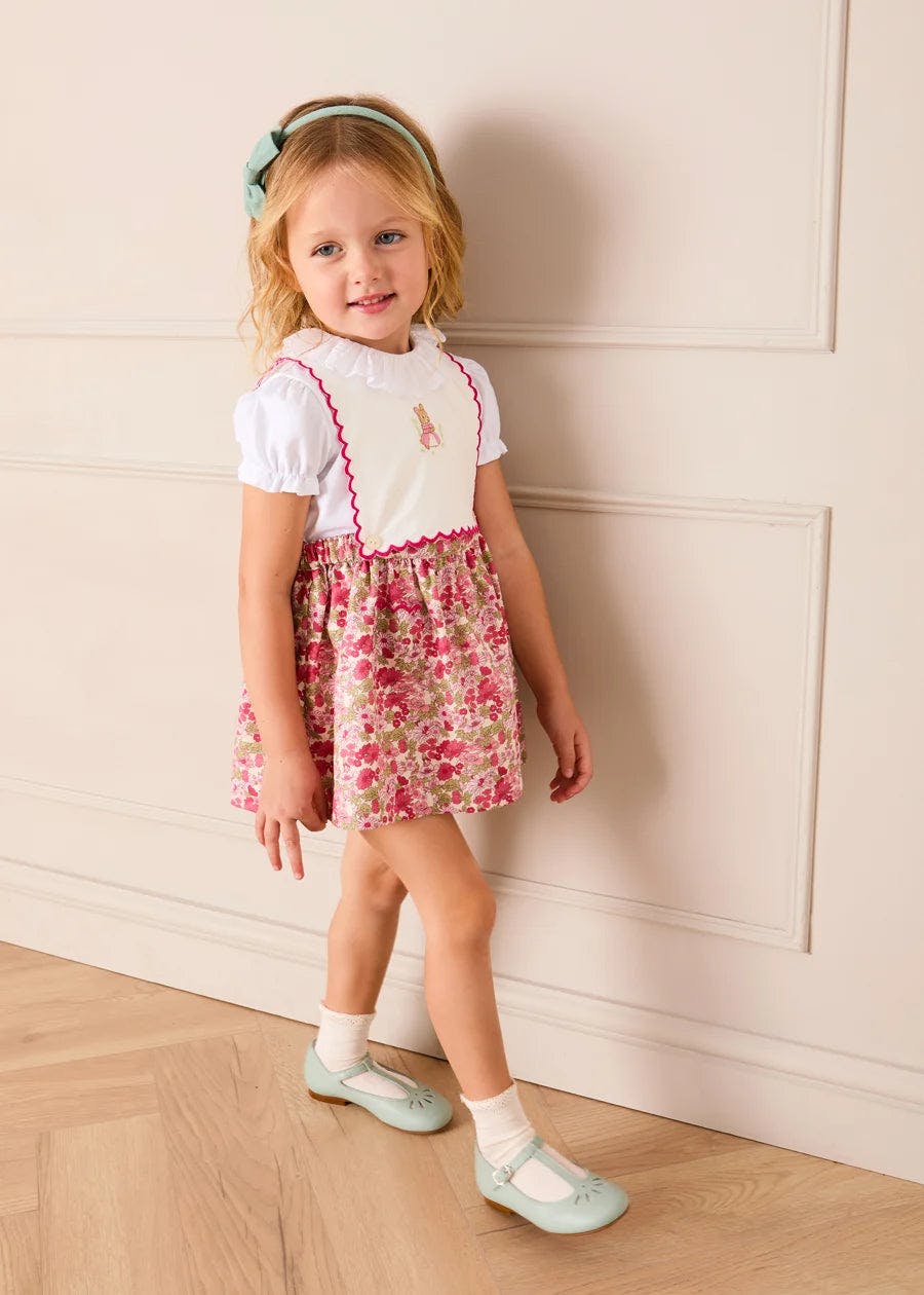 Margret Floral Bunny Embroidered Scallop Detail Pinafore Skirt in Pink (18mths-6yrs)