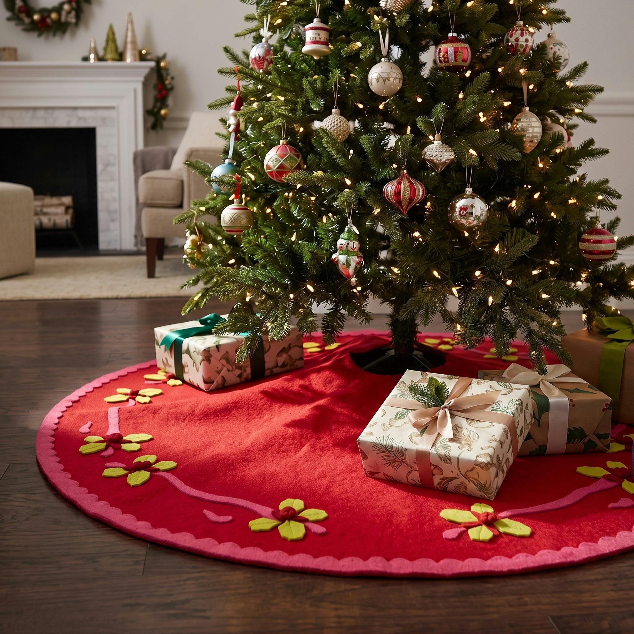Handmade Christmas Tree Skirt Felt - Berries Red - 60