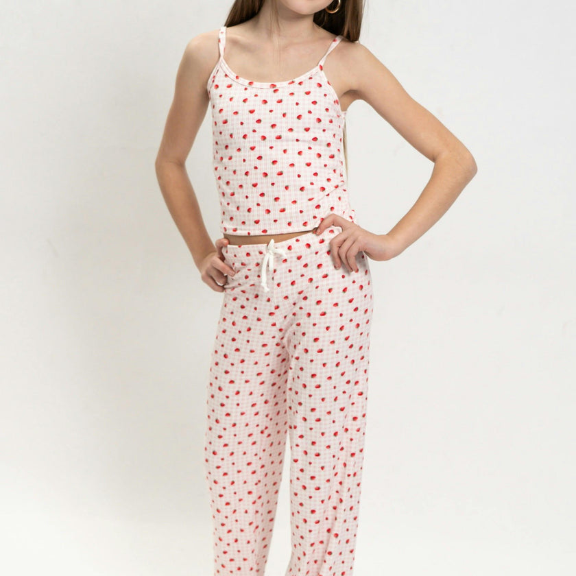 Girls Strawberry Print Short Sleeve Top and Pants Set