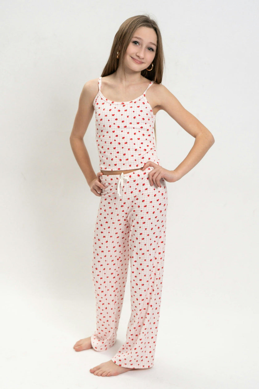 Girls Strawberry Print Short Sleeve Top and Pants Set