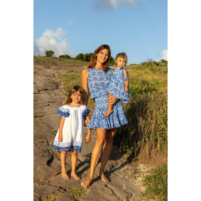 Serena Girl's Tassel Dress White Lapis Blue Embroidery, Blue