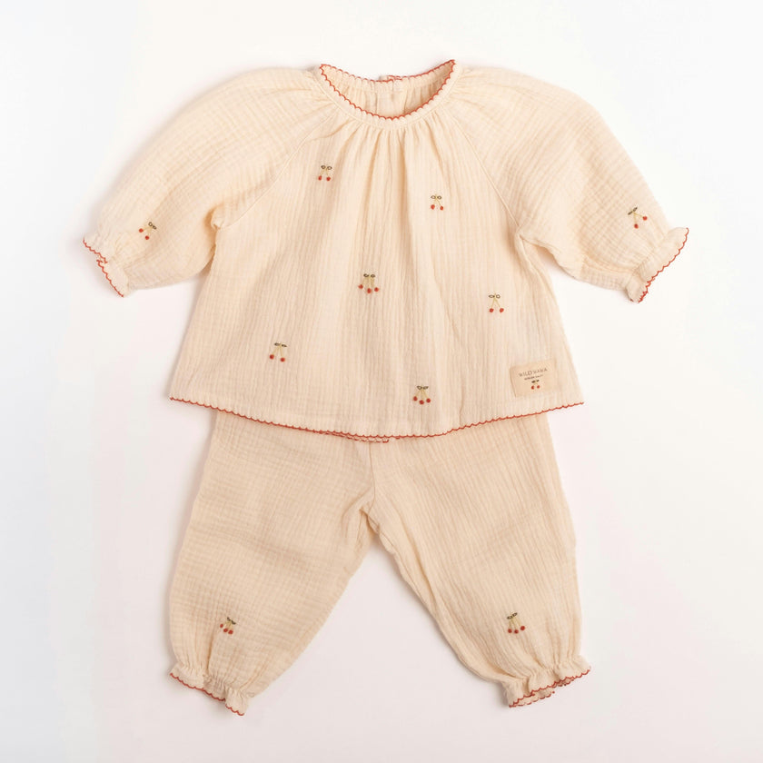 Gauze Two Piece Set in Embroidered Cherries