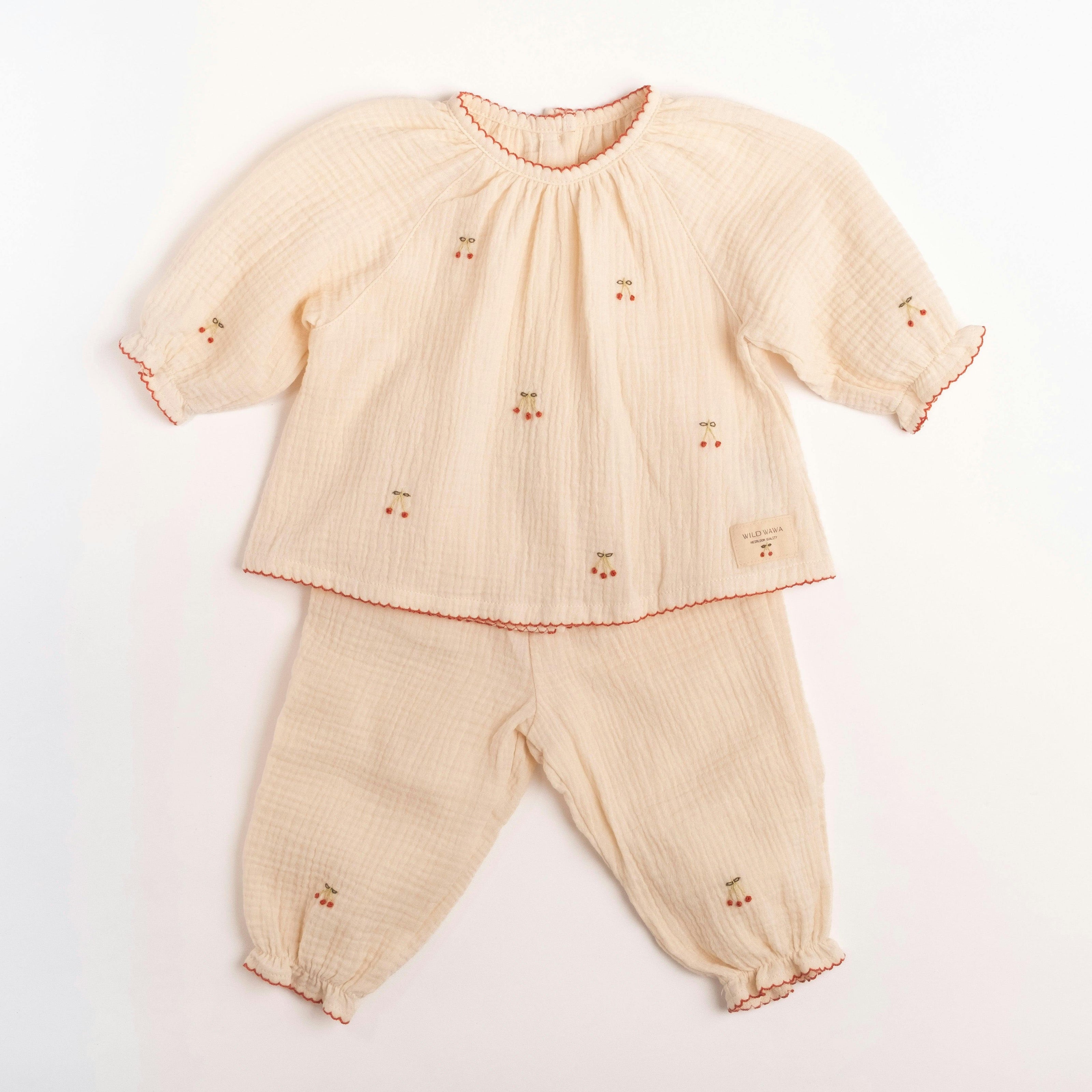 Gauze Two Piece Set in Embroidered Cherries