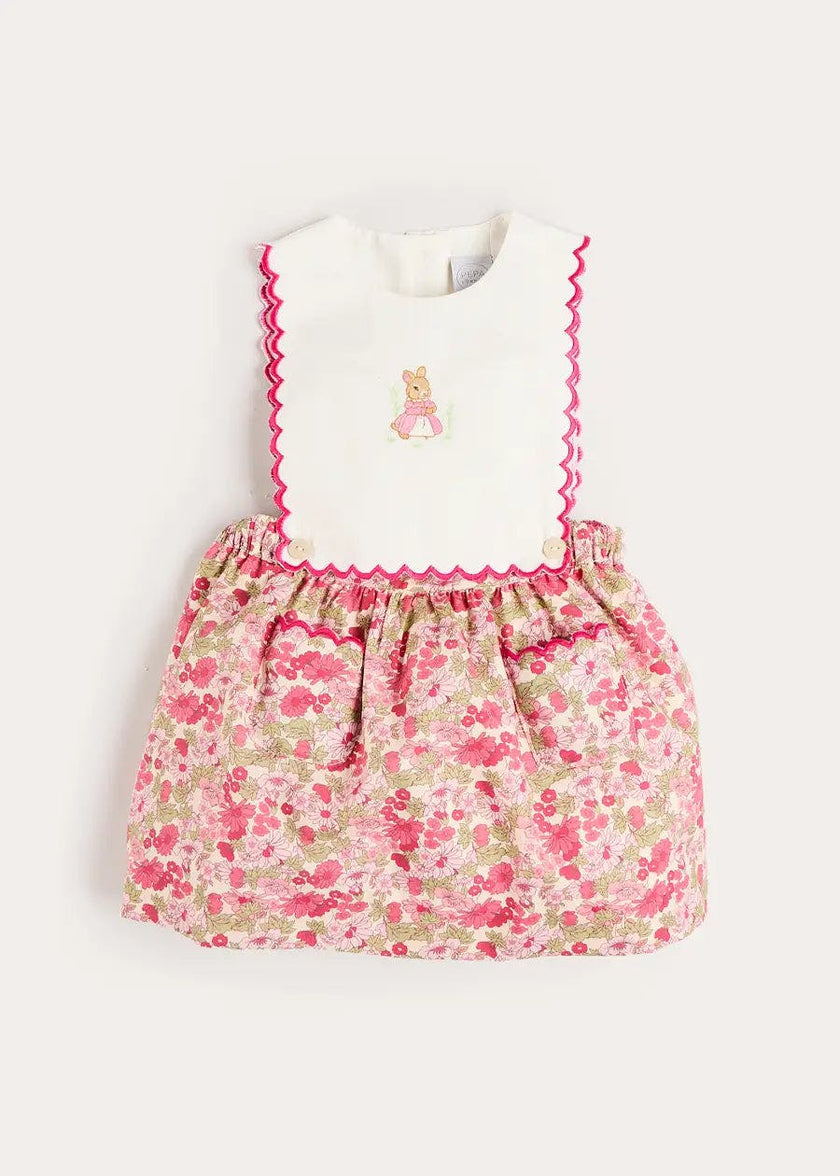 Margret Floral Bunny Embroidered Scallop Detail Pinafore Skirt in Pink (18mths-6yrs)