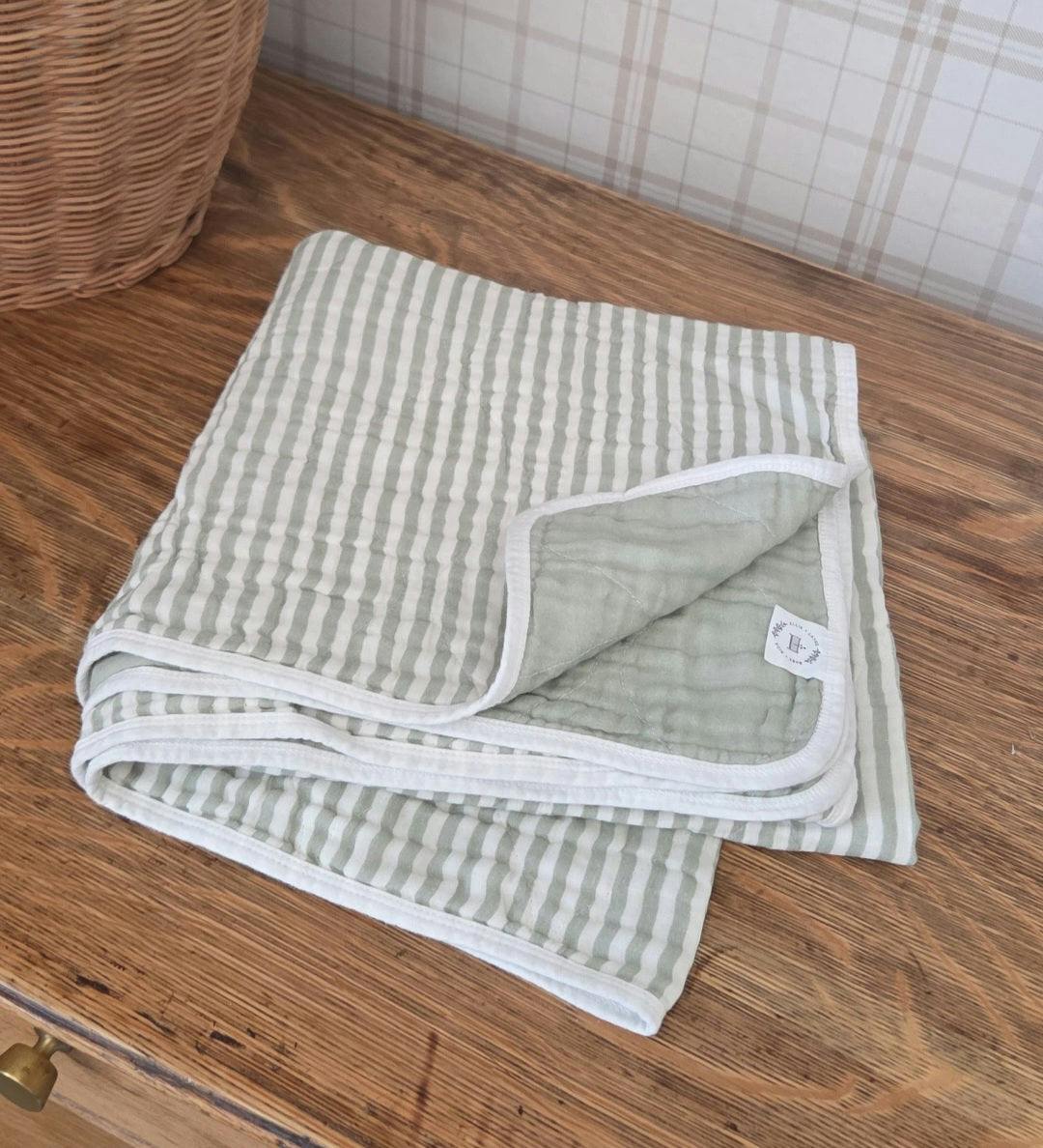 Ellis Green Stripe QUILTED 6 Layer Gauze Blanket