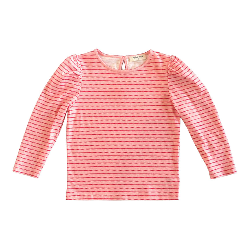 Long Sleeve Puff Sleeve Tee in Pink & Red Heart Stripe