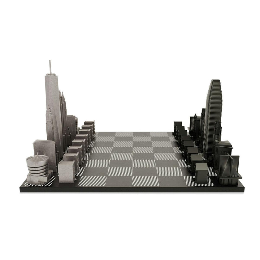 Chess Set Stainless Steel NEW YORK vs SAN FRANCISCO with B/W Hatch Board