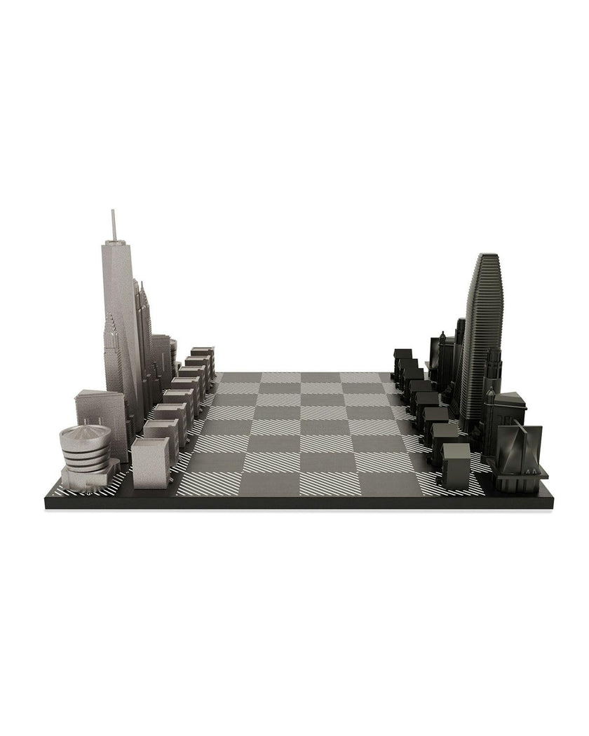 Chess Set Stainless Steel NEW YORK vs SAN FRANCISCO with B/W Hatch Board