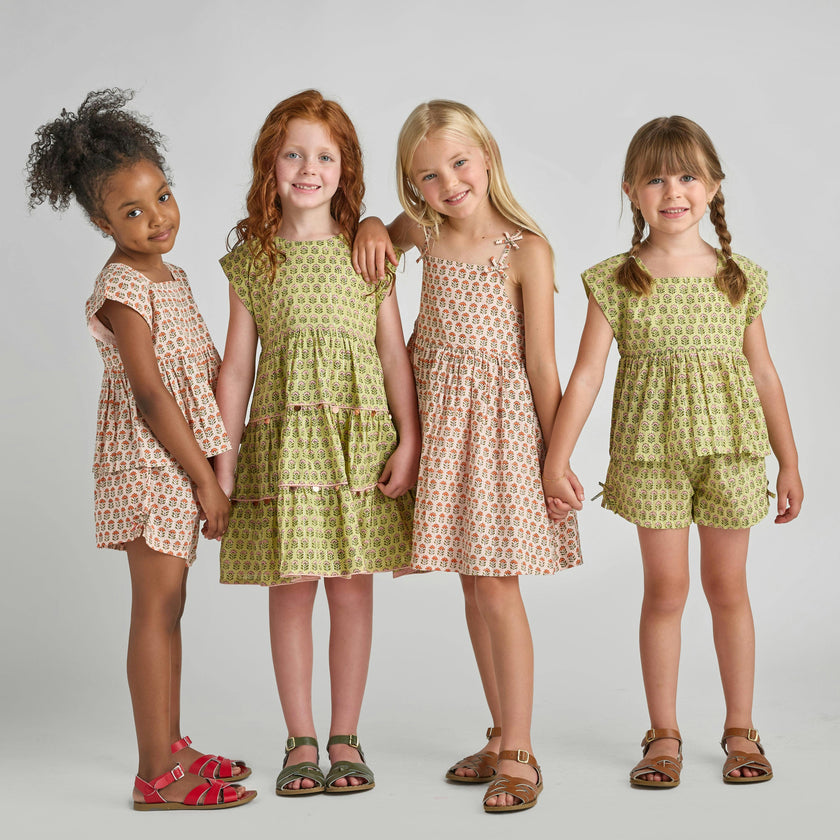 Girls Tia Dress - Pink Prairie Block Print