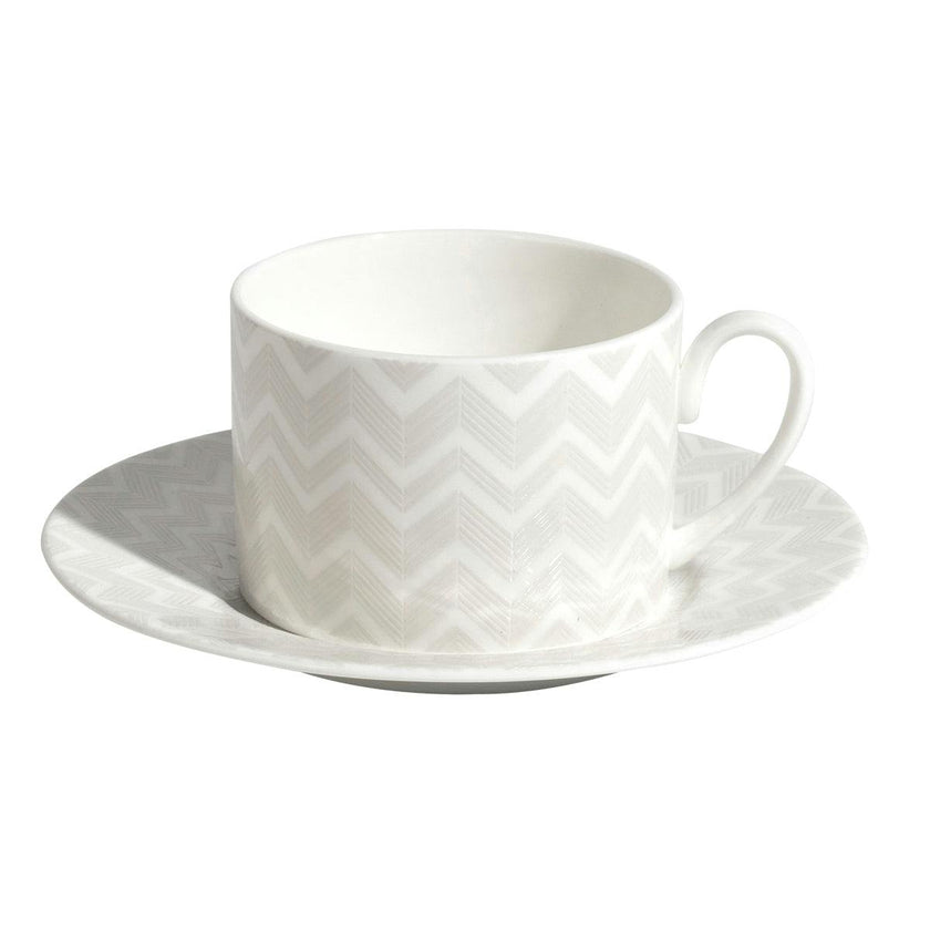 Tea Cup & Saucer ZIG ZAG Set of 6 in Luxury Box White diam. 3.3", H 2.3", cap. 7.5 oz, Saucer diam. 6"