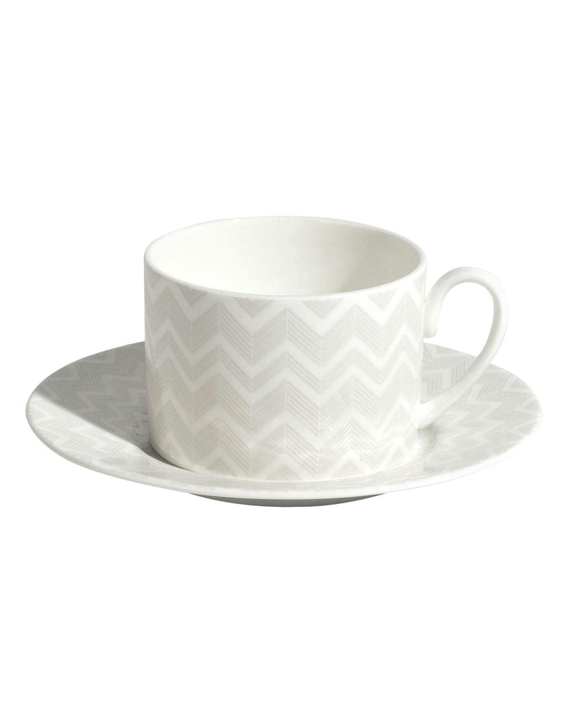 Tea Cup & Saucer ZIG ZAG Set of 6 in Luxury Box White diam. 3.3", H 2.3", cap. 7.5 oz, Saucer diam. 6"