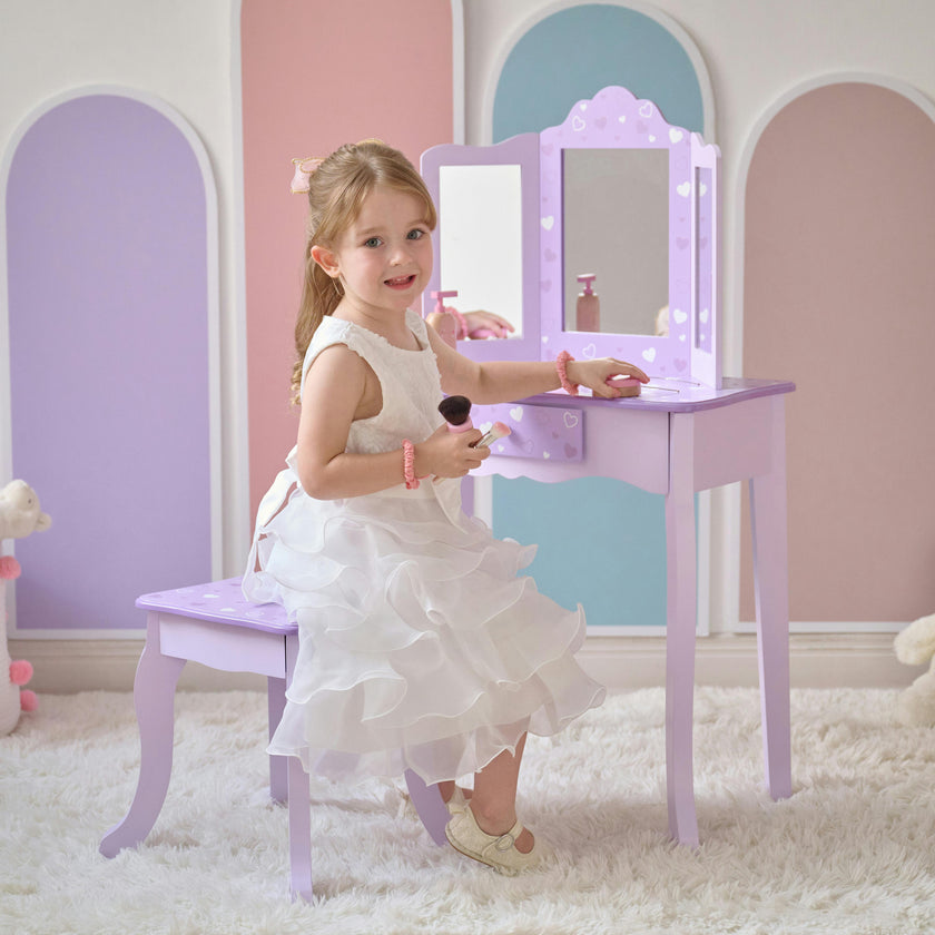 Hearts Gisele Wood Vanity with Tri-Fold Mirror & Drawer, Purple