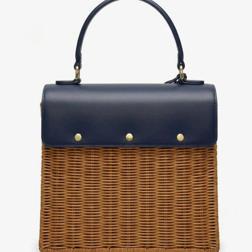 Medium Insulated Hand-Woven Wicker Lunchbox, Natural & Navy