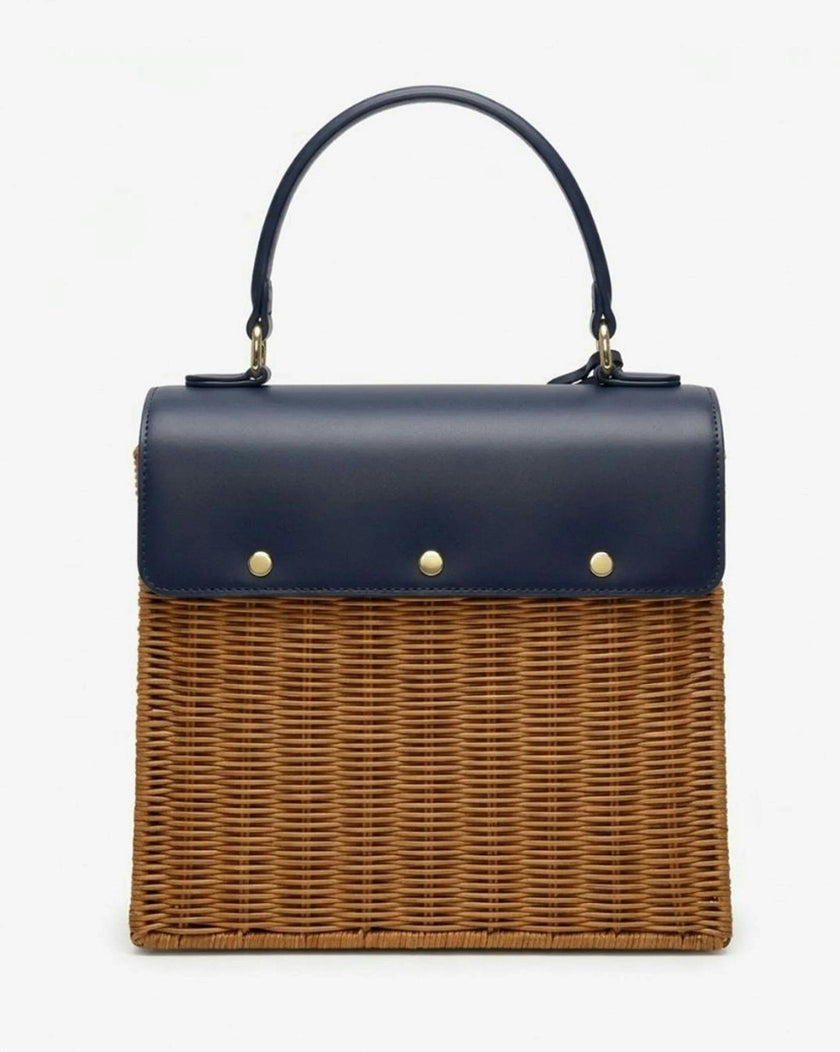 Medium Insulated Hand-Woven Wicker Lunchbox, Natural & Navy