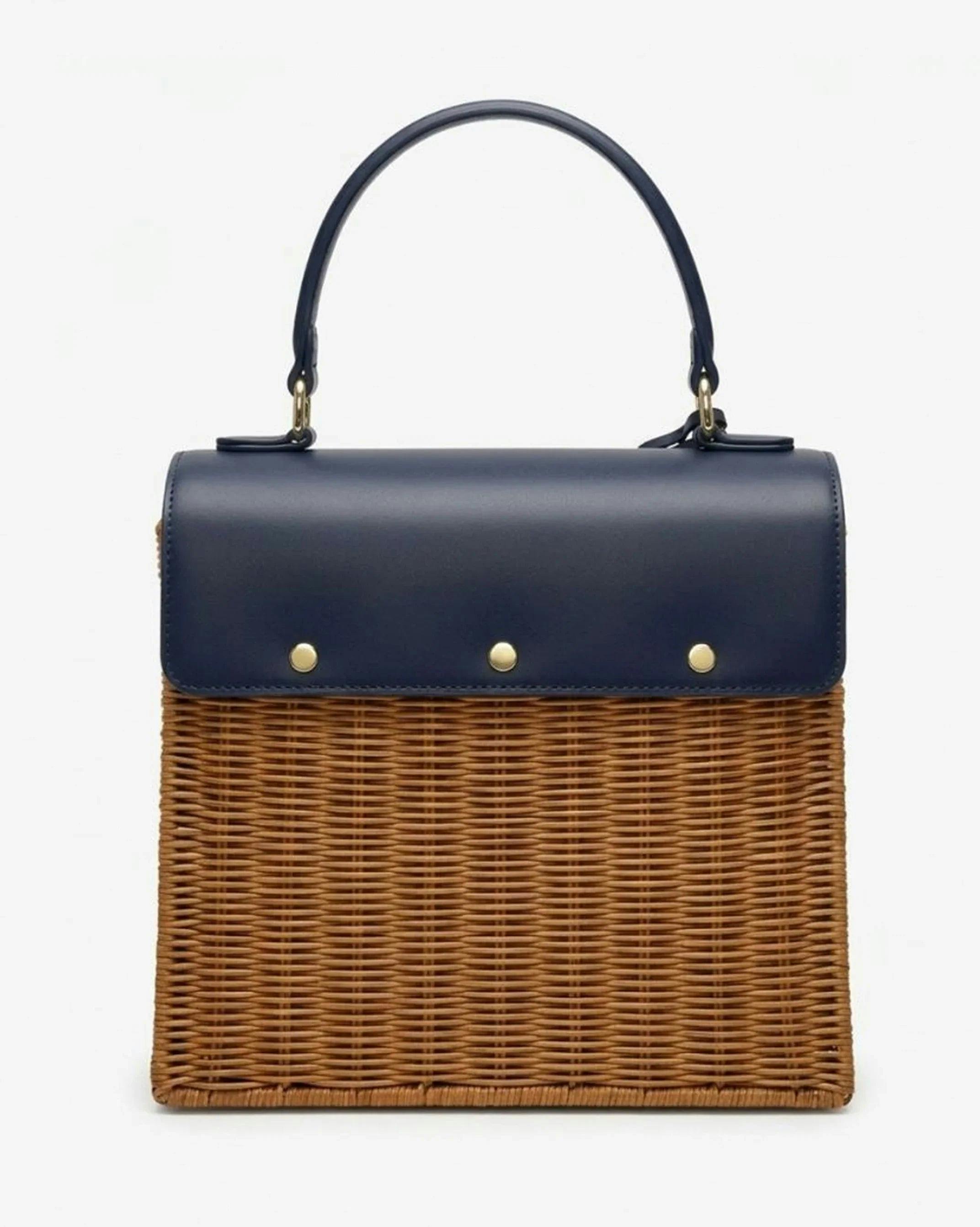 Medium Insulated Hand-Woven Wicker Lunchbox, Natural & Navy