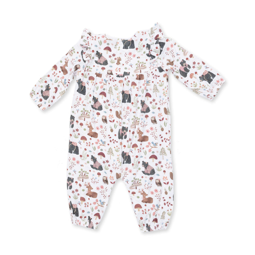 Southern Woodland Animals Pink - Ruffle Sleeve Snap Romper