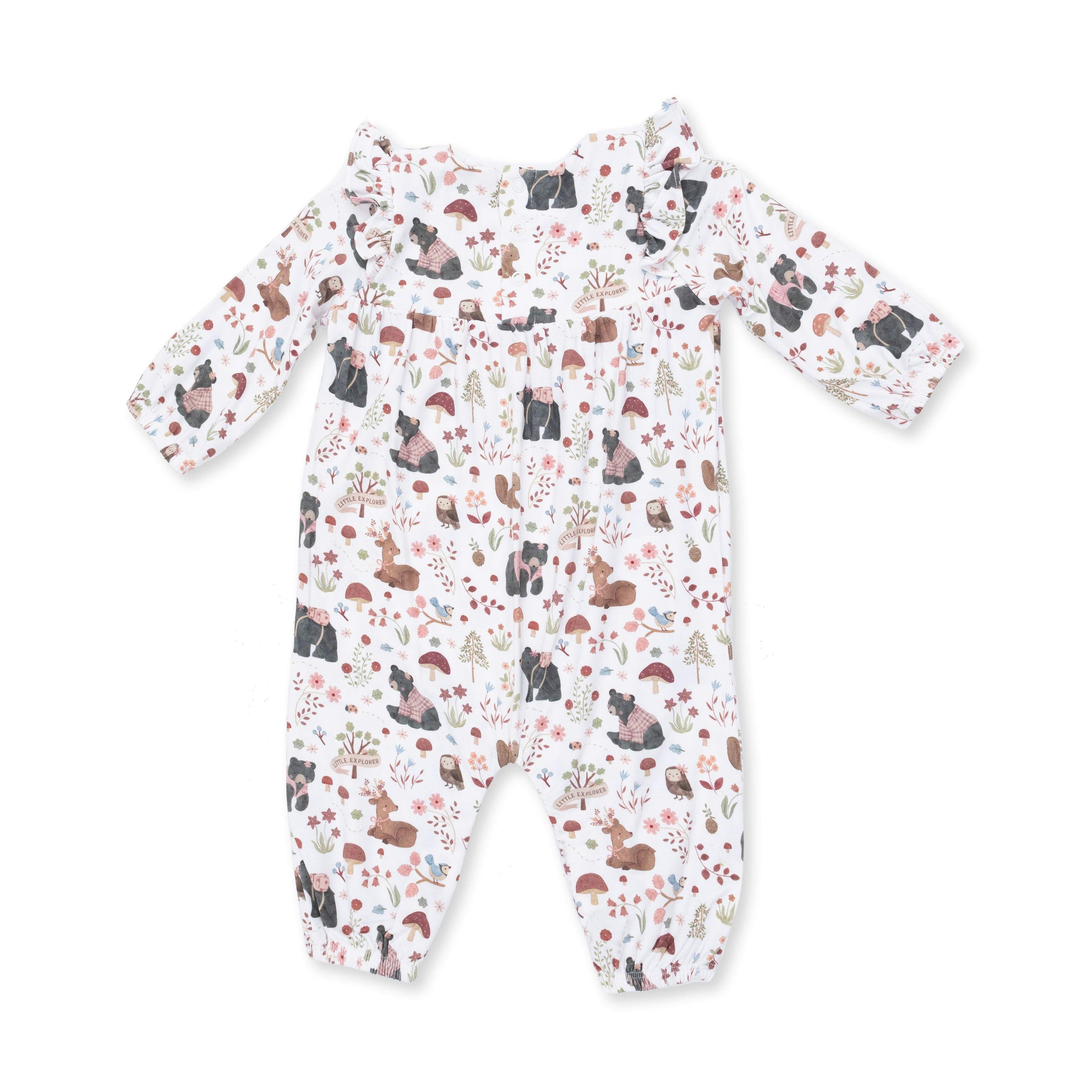 Southern Woodland Animals Pink - Ruffle Sleeve Snap Romper
