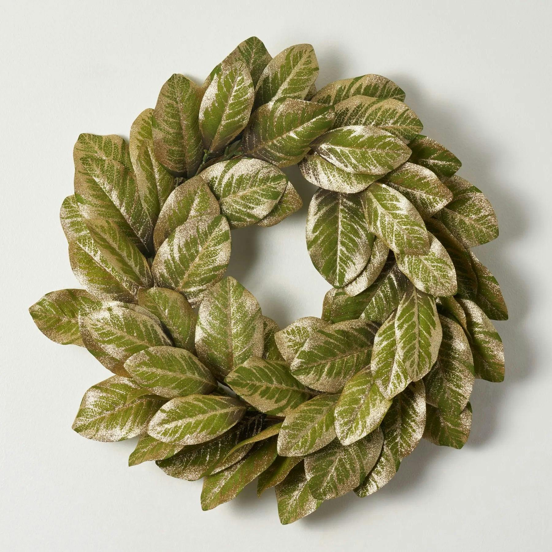 Green & Gold Metallic Magnolia Leaf Front Door Holiday Wreath Shimmering Christmas Mantel Decor