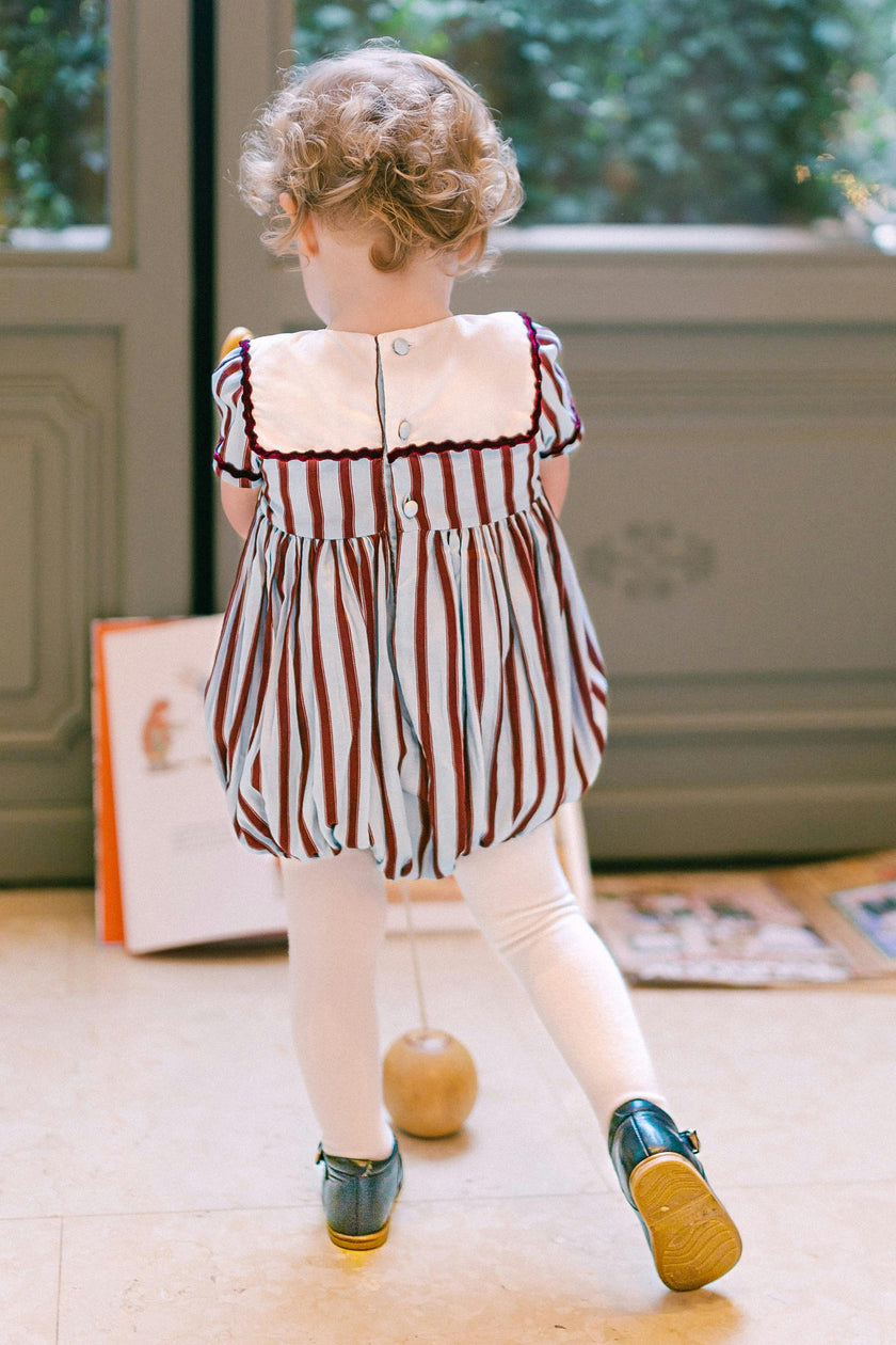 MARINE STRIPE BLUE BURGUNDY SMOCKED ROMPER