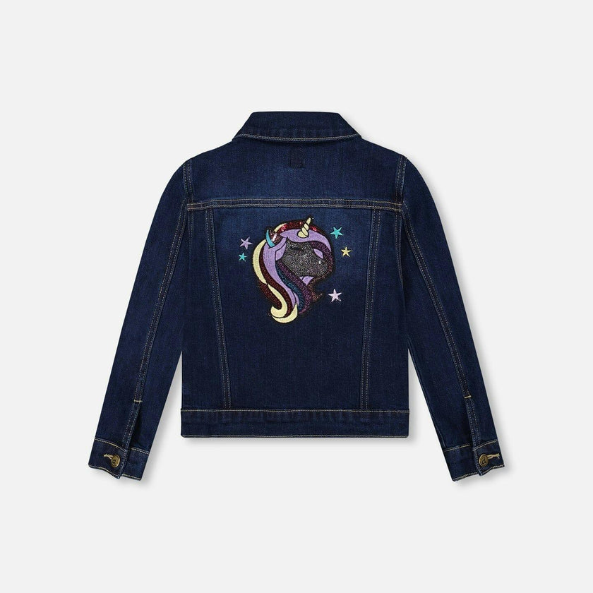 Stretch Denim Jacket Dark Blue with Glittery Hearts and