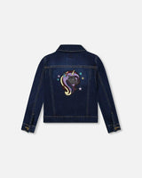 Stretch Denim Jacket Dark Blue with Glittery Hearts and