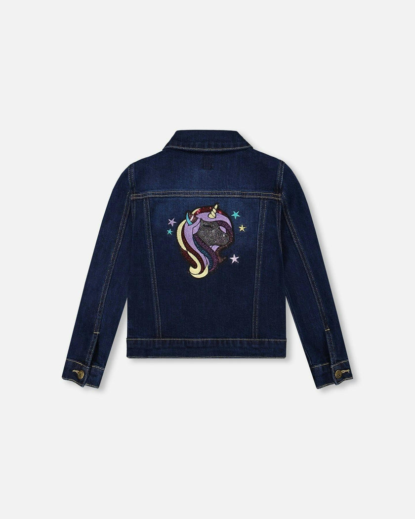 Stretch Denim Jacket Dark Blue with Glittery Hearts and