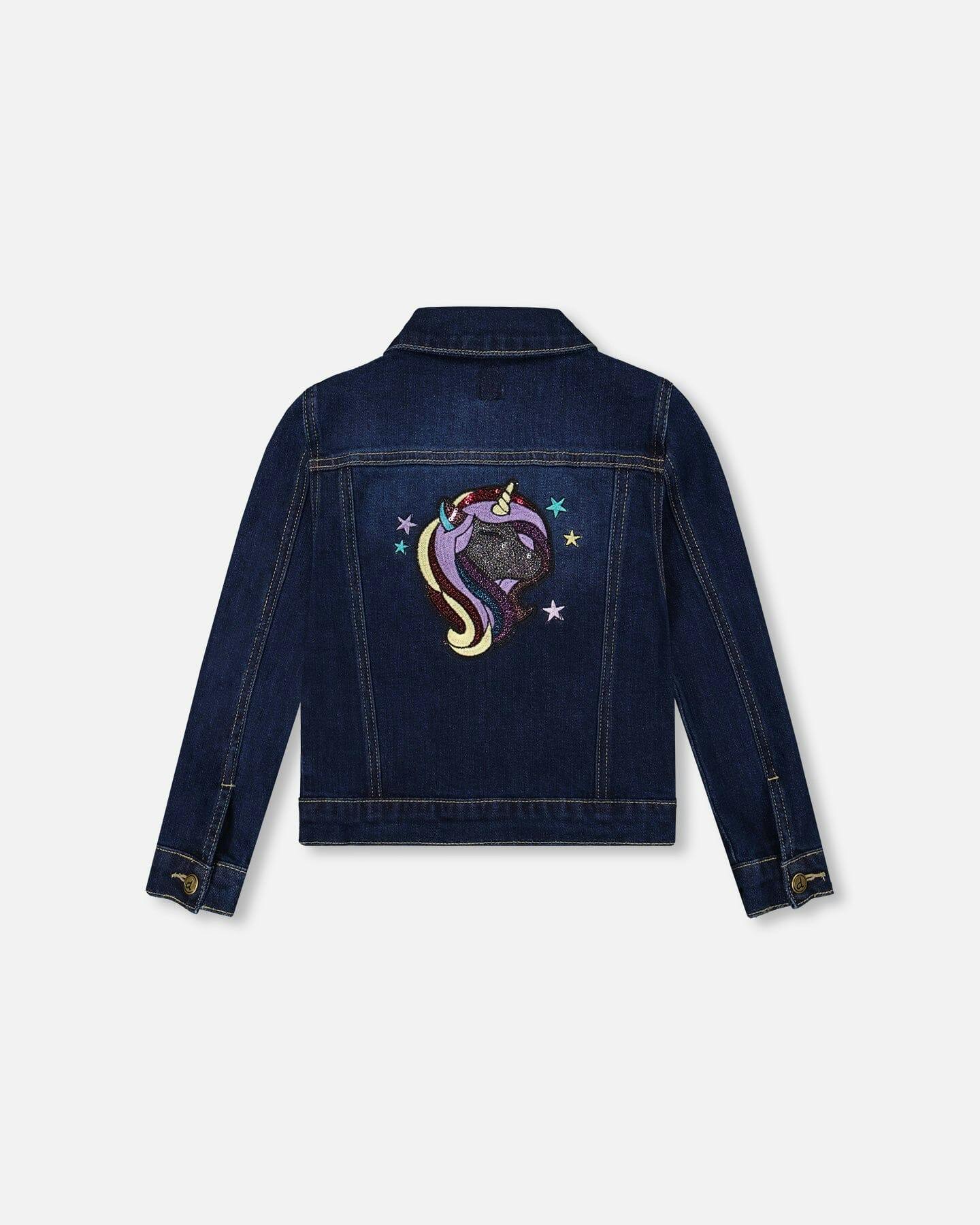 Stretch Denim Jacket Dark Blue with Glittery Hearts and