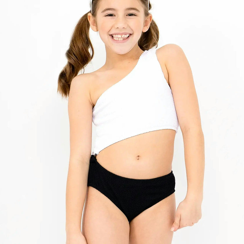 Dina Crinkle Side Cutout One Piece Swimsuit - Black and White