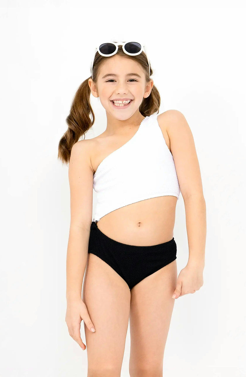 Dina Crinkle Side Cutout One Piece Swimsuit - Black and White