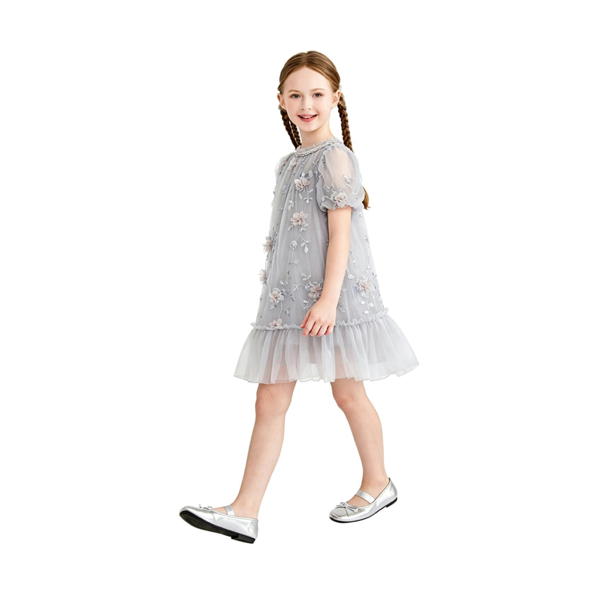 Silver Bloom Embroidered Occasion Dress
