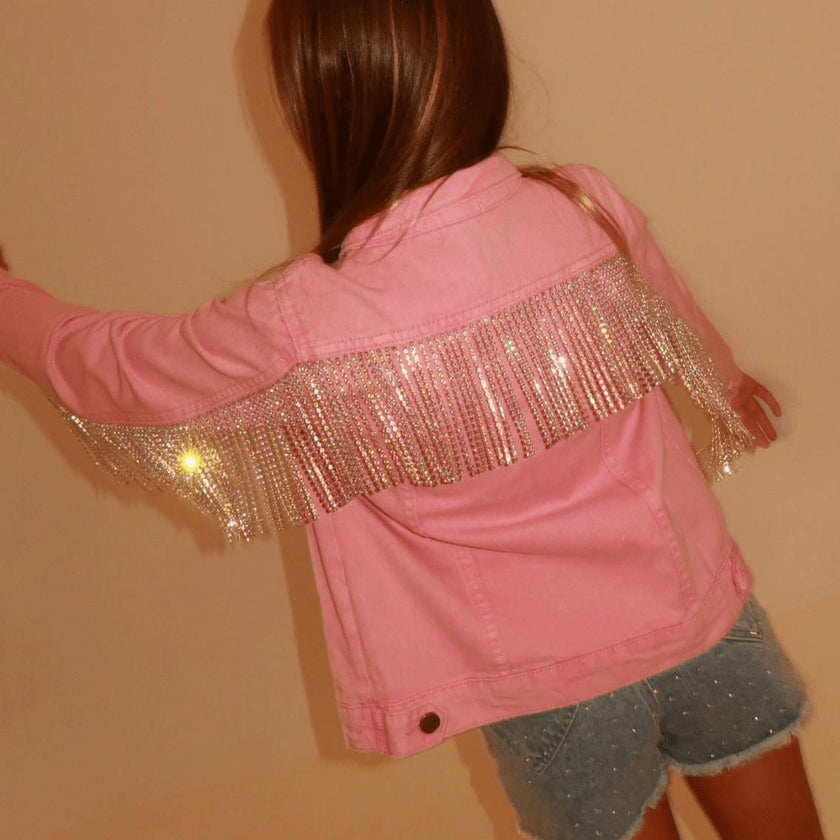 Pink Crystal Tassel Denim Jacket