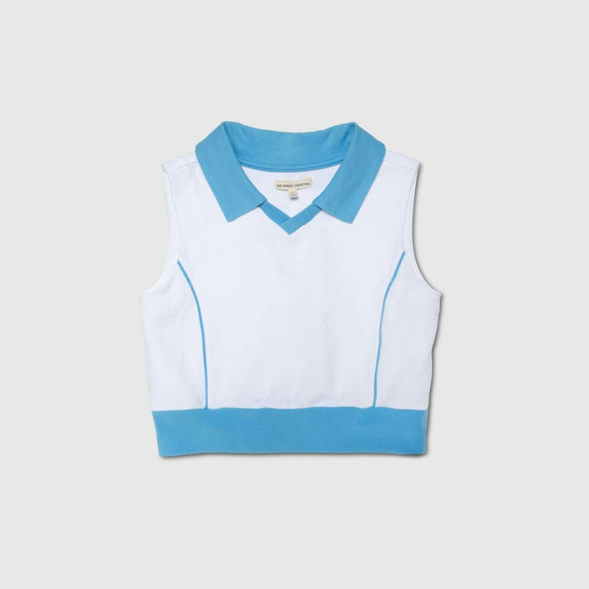 Organic Sleeveless Play Polo in Buzzer Blue Trim