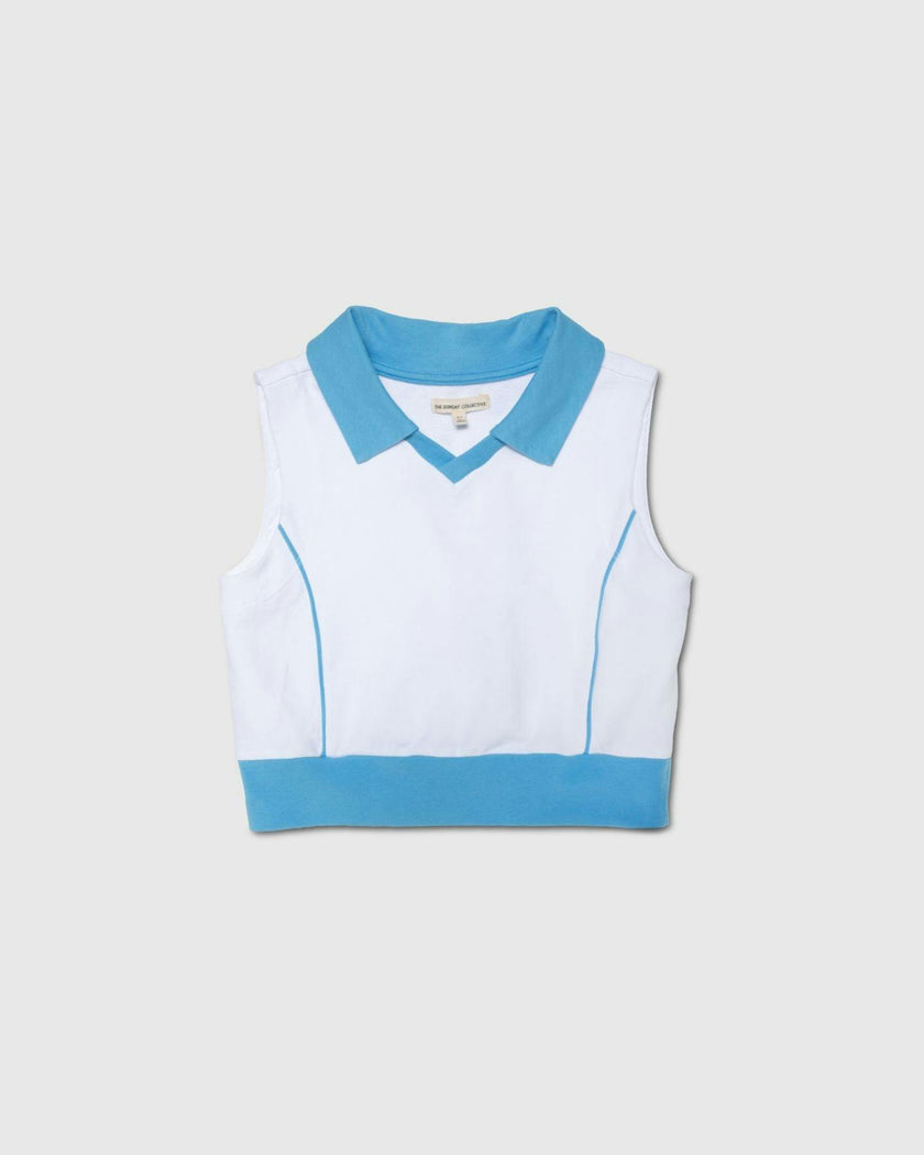 Organic Sleeveless Play Polo in Buzzer Blue Trim