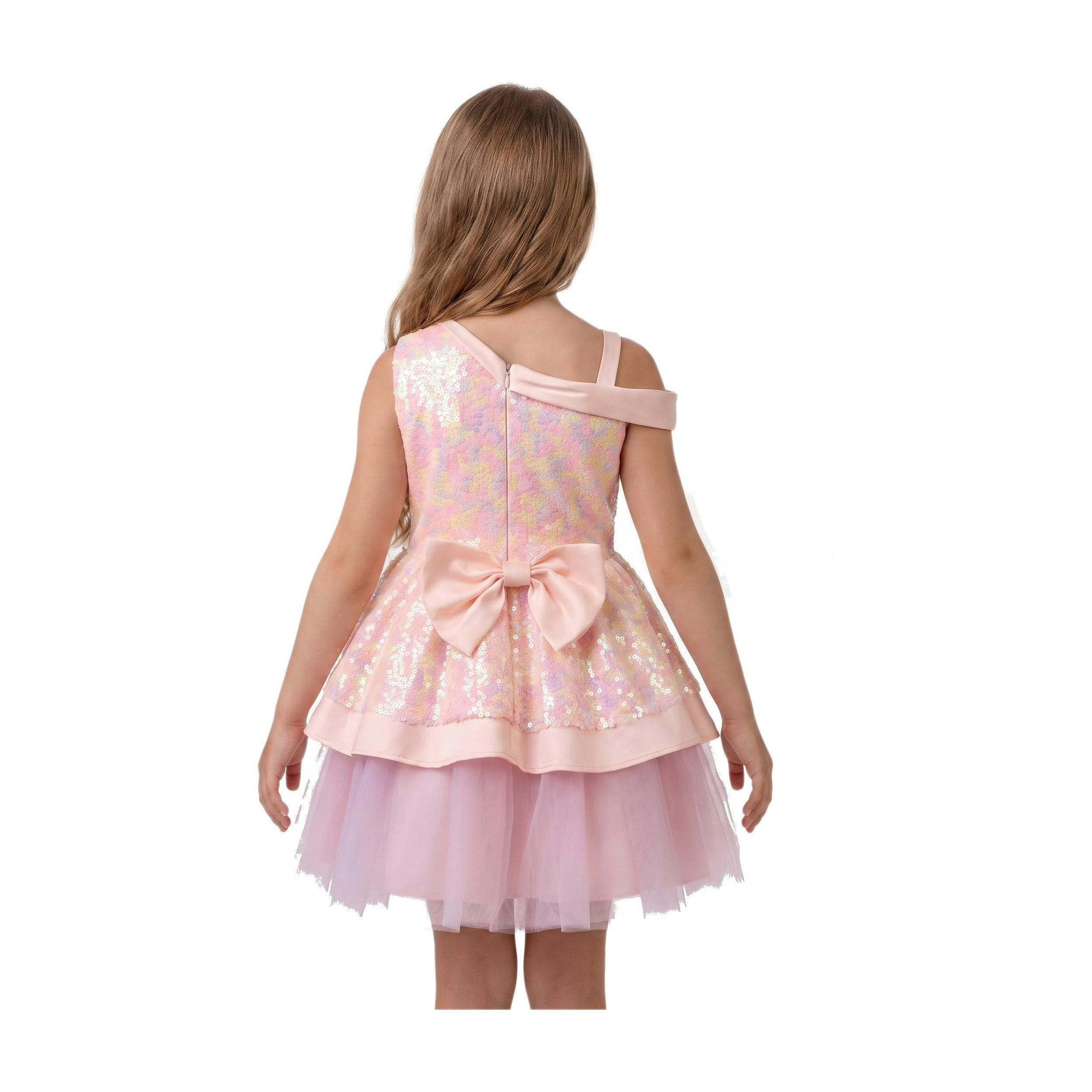 Rosy Bloom Off-Shoulder Sequin Birthday Dress for Girls