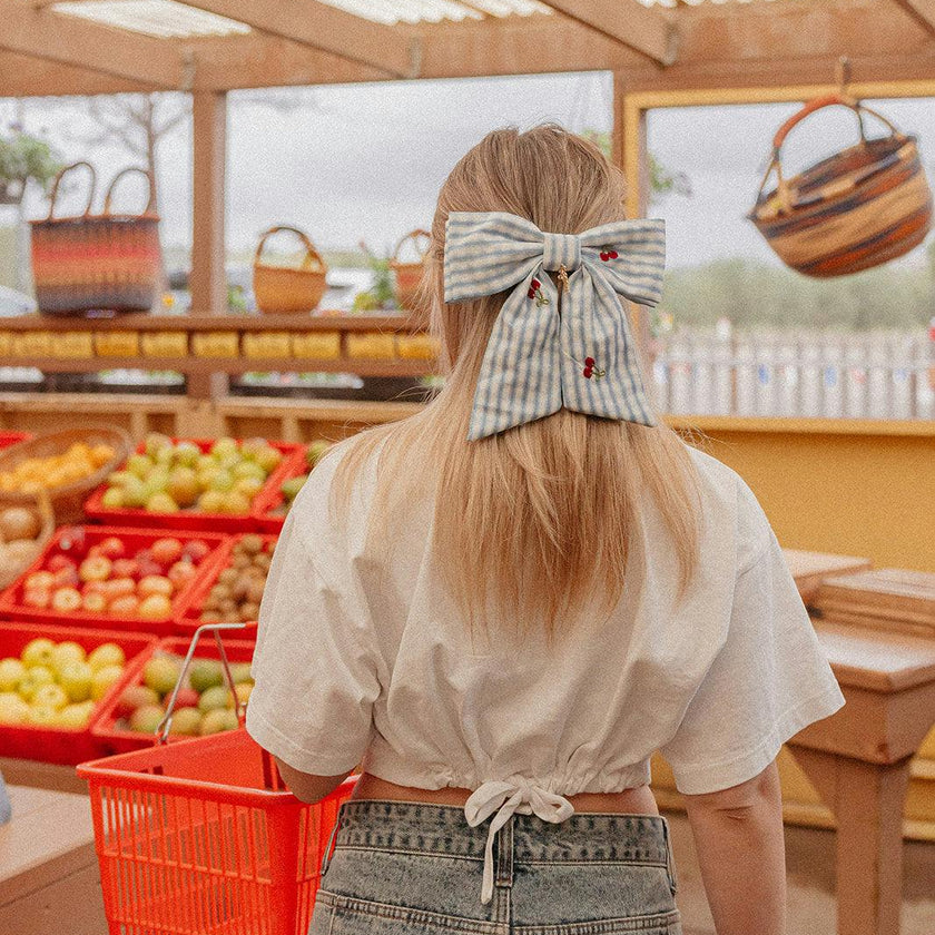 CHERRY BLUE GINGHAM MIDI BOW
