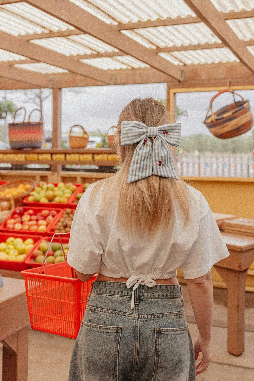 CHERRY BLUE GINGHAM MIDI BOW