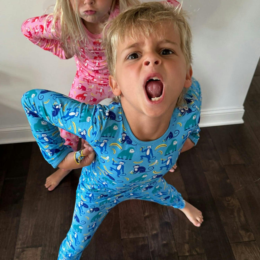 Long Sleeve Pajama Set - Monkeying Around Blue
