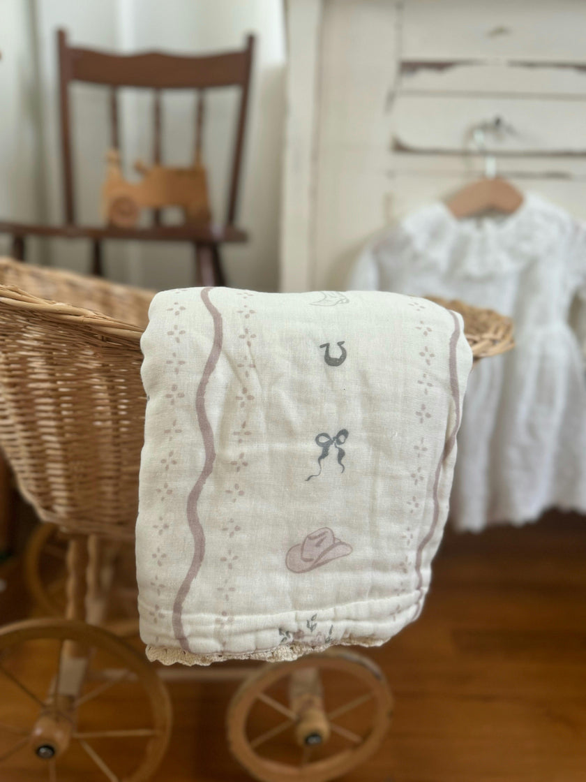 Vintage Country-Cowgirl QUILTED 6 Layer Gauze Blanket
