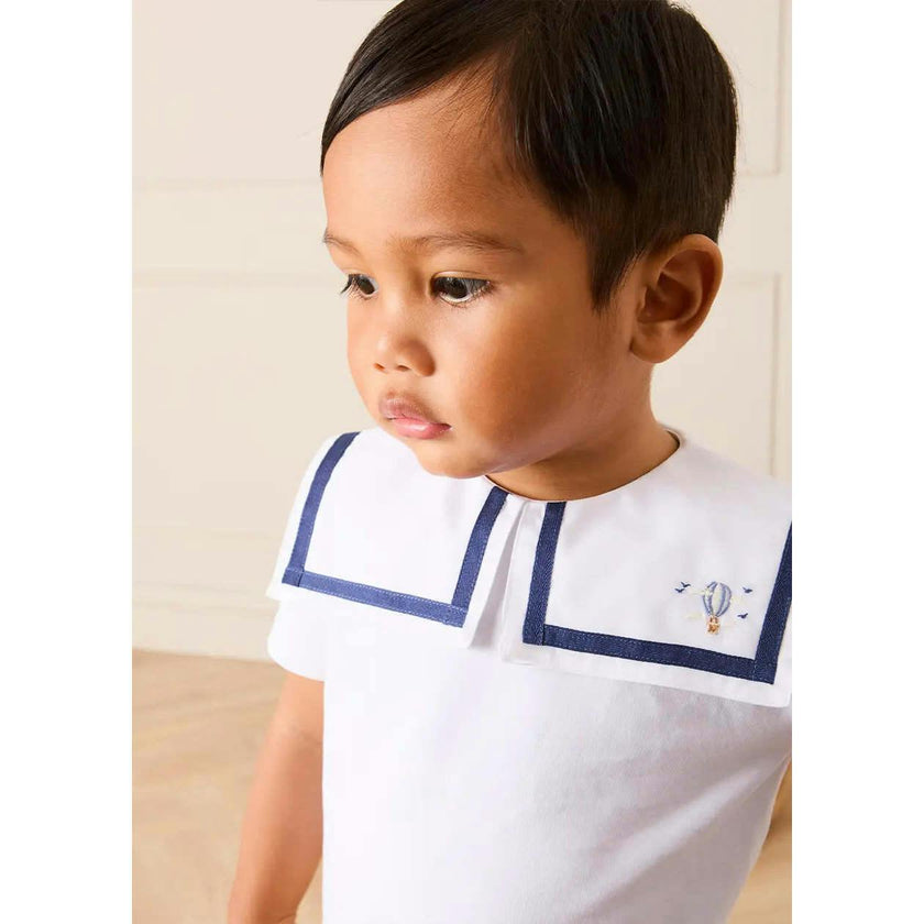 Mariner Collar Hot Air Balloon Embroidered Top in White (6mths-4yrs)