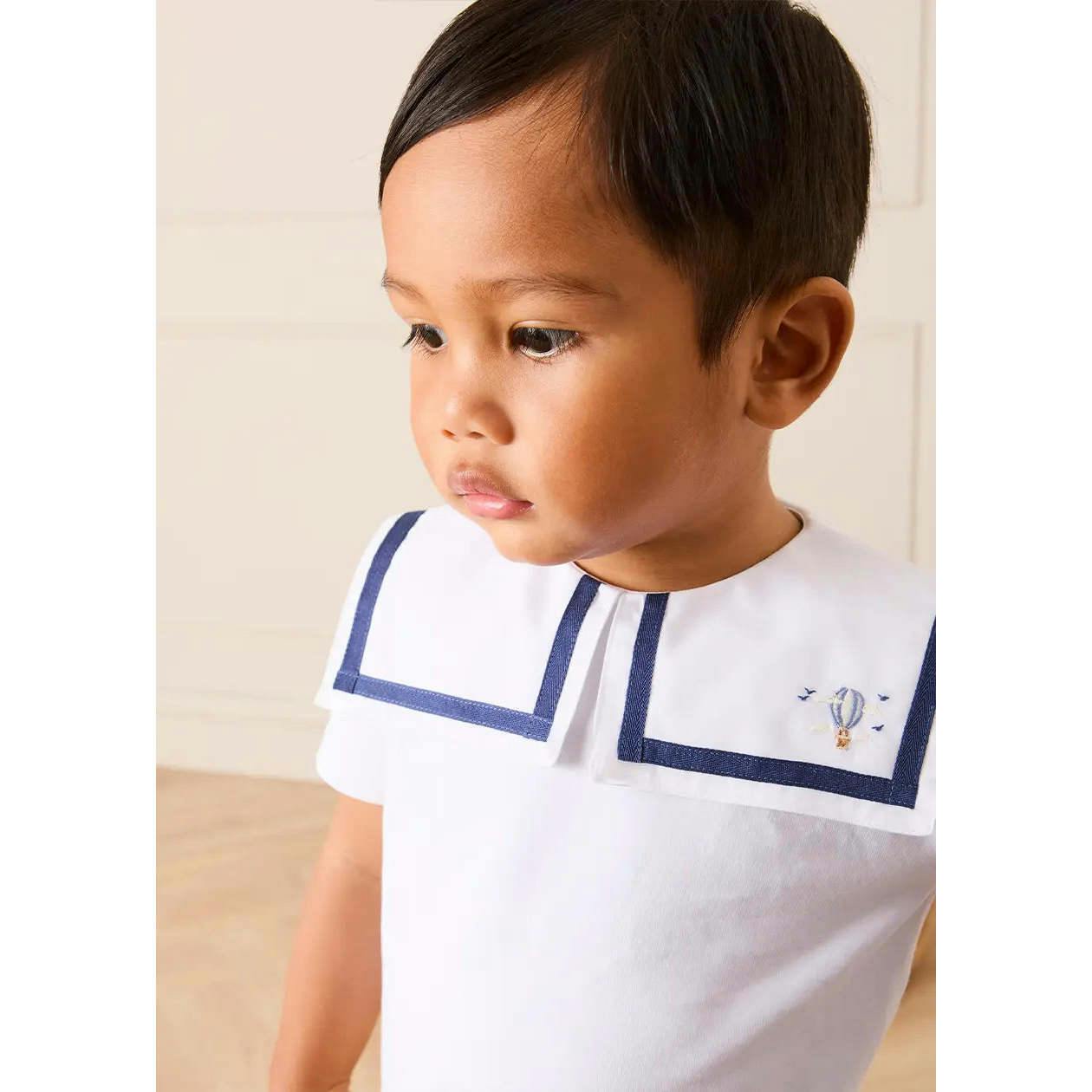 Mariner Collar Hot Air Balloon Embroidered Top in White (6mths-4yrs)