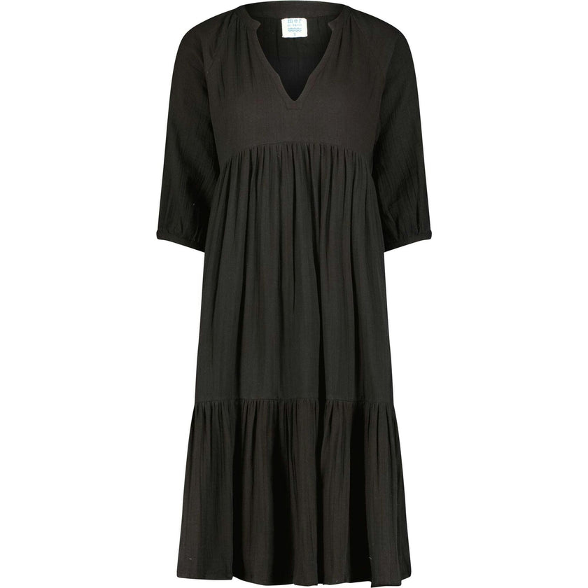 Women's Martine Cotton V-Neck 3-Quarter Sleeve Popover Dress, Black