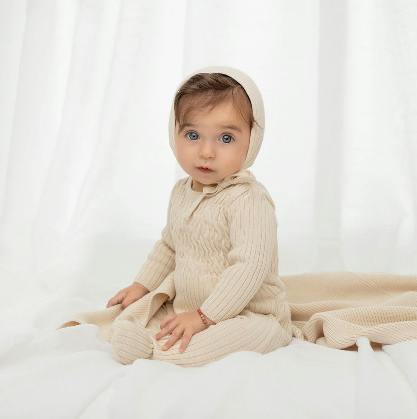 Baby Smocked Ribbed Knit Romper & Bonnet Vintage Blue