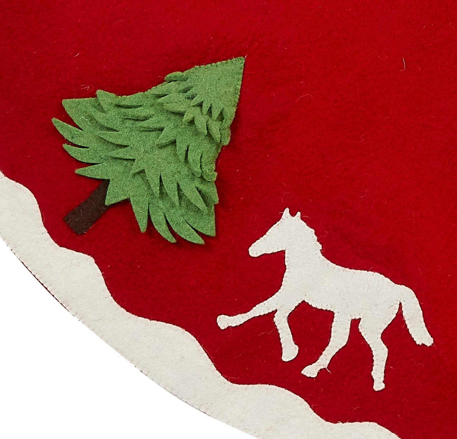 Handmade Dogs and Horses Red Christmas Tree Skirt Hand Felted Wool 60