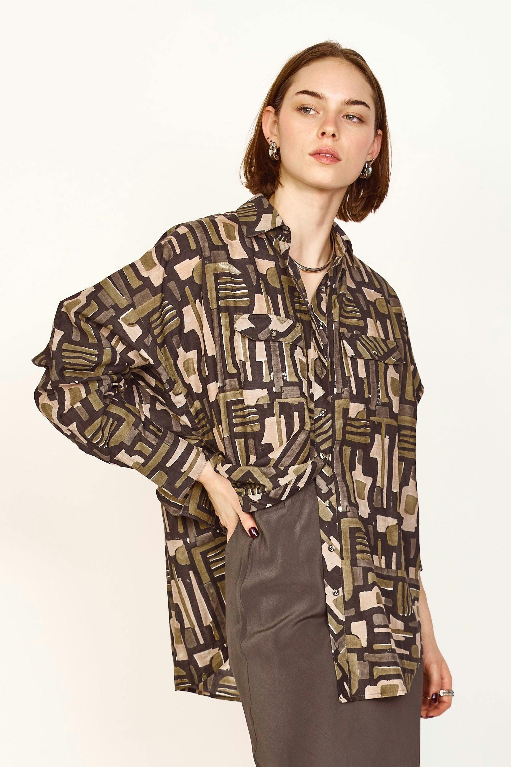Kyoto Shirt in Olive Labyrinth
