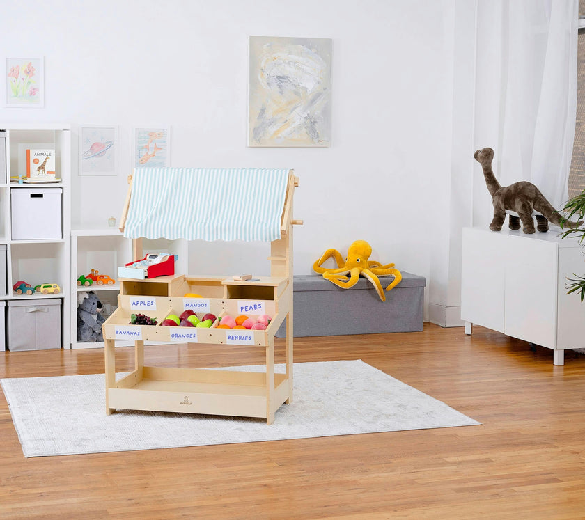 Cypress Wooden Market Stand – Pretend Play Shop for Kids with Storage