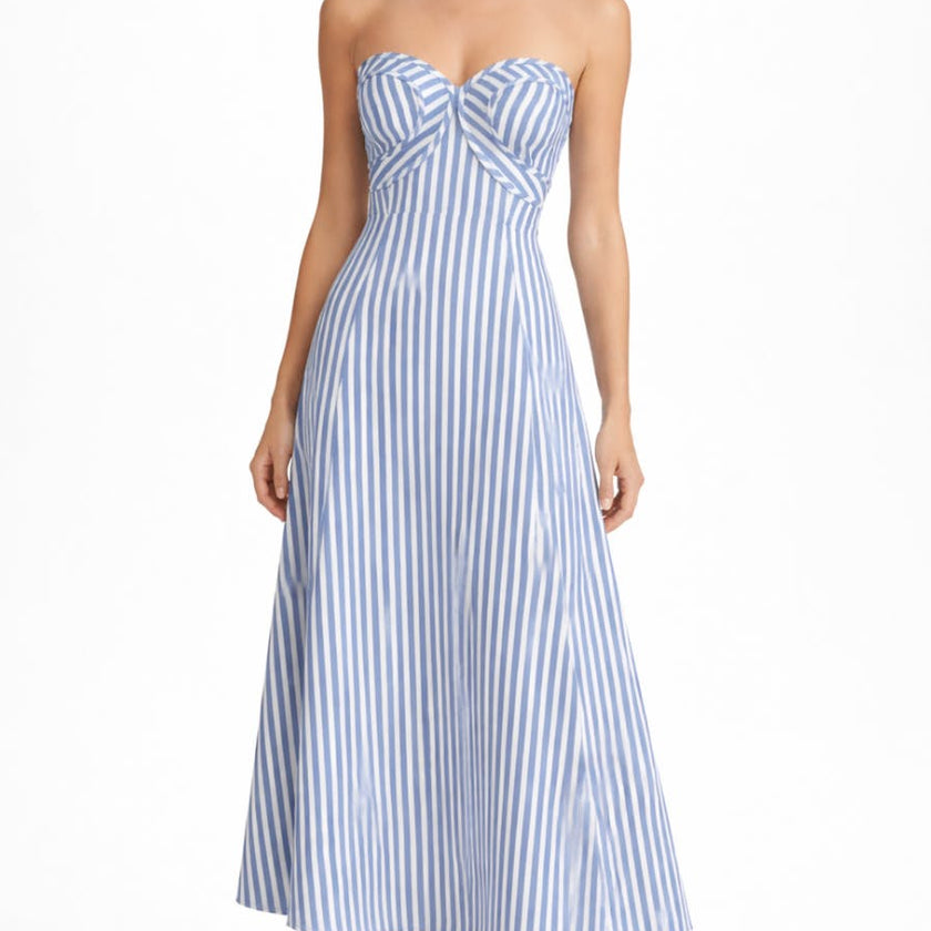 Hayden Coastal Blue Stripe Strapless Midi Dress