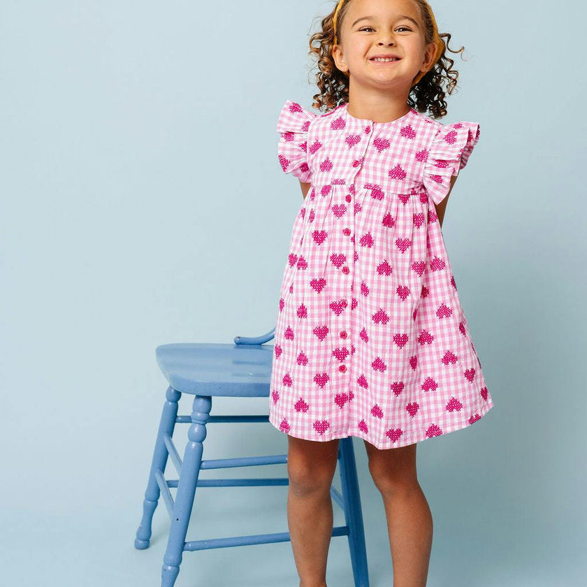 Pink Gingham Hearts Embroidery Girls Sunday Dress